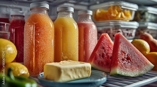 Fresh Juices and Watermelon Slices in Refrigerator Shelf: Clean Eating, Diet, and Healthy Lifestyle Concept with Natural Fruits