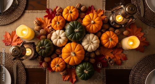 Fototapeta Naklejka Na Ścianę i Meble -  Top-down view of a festive autumn harvest table centerpiece with pumpkins, leaves, nuts, and glowing candles.
