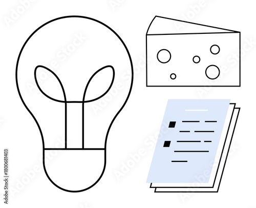 Lightbulb for innovation, cheese block for creativity, and a document for planning and analysis. Ideal for creativity, innovation, brainstorming, strategy, planning, education problem-solving