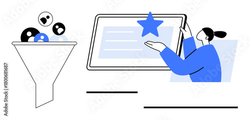 Female professional selects top result on tablet with a star while managing a funnel of leads. Ideal for marketing, data sorting, customer targeting, analysis, productivity, lead generation, simple