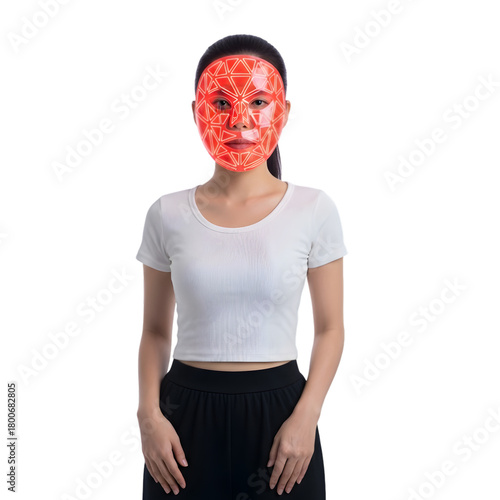 Woman wearing a red LED face mask beauty treatment for skin rejuvenation isolated on white background