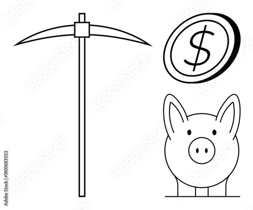 Pickaxe, piggy bank, and coin with dollar sign symbolizing mining, saving, and profits. Ideal for mining, finance, saving investment economics wealth creation business. Simple flat metaphor