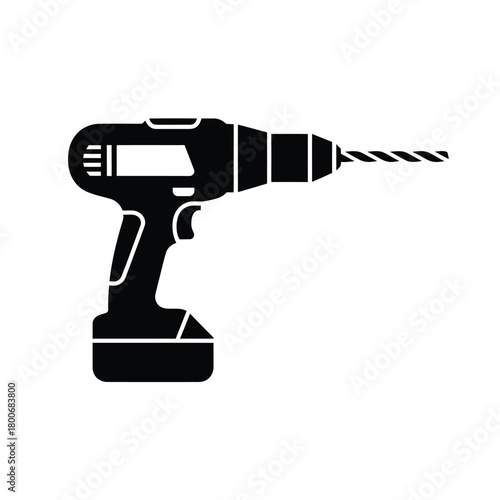 Black silhouette of a cordless power drill on a white background