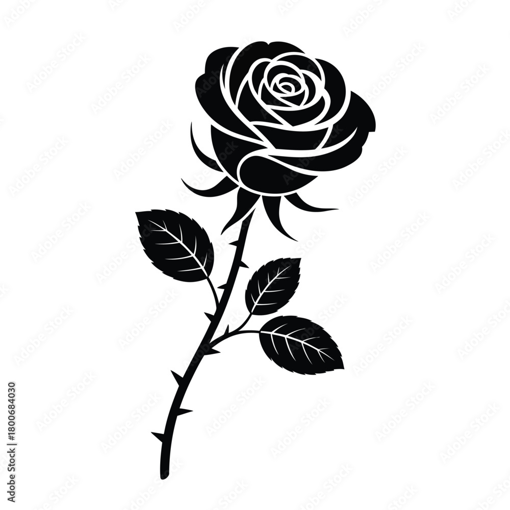 Obraz premium Black silhouette of a single rose with stem and leaves