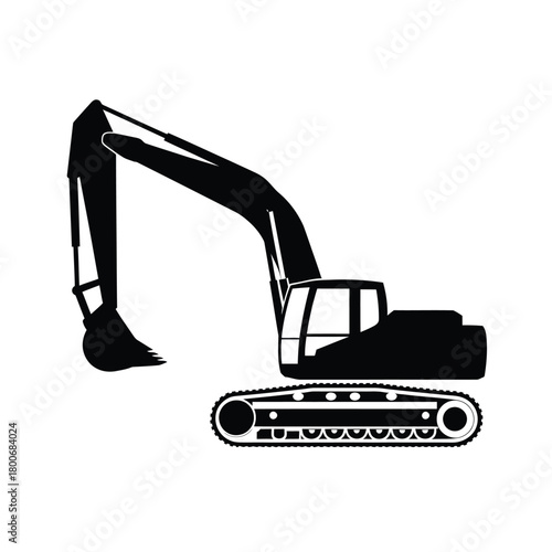 Black silhouette of an excavator on a white background