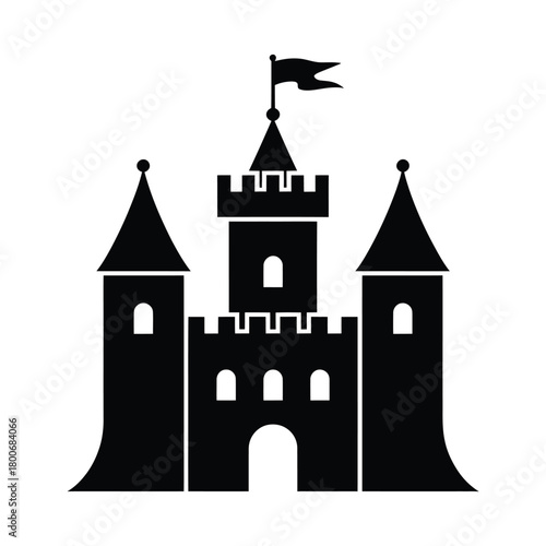 Black silhouette of a medieval castle with towers and flag