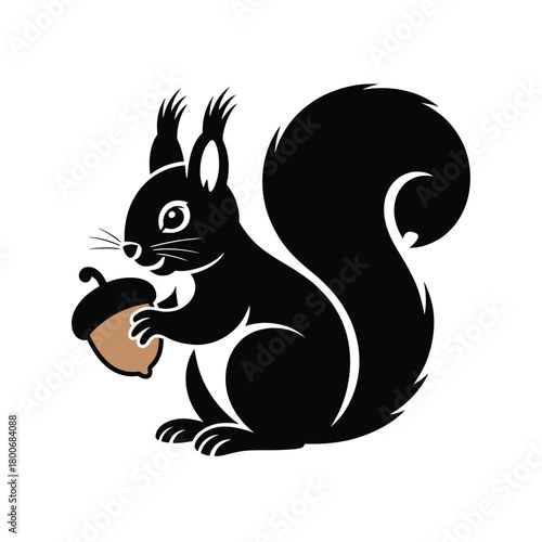 Black squirrel holding an acorn illustration on white background