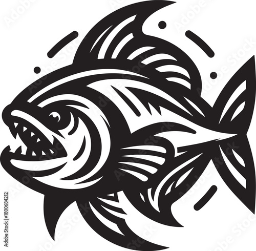 Black and white vector illustration of a trout fish head in tribal style