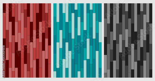 Set of Three Seamless Vector Background Patterns: Abstract Vertical Rectangular Planks in Color Schemes of Deep Red, Teal/Turquoise, and Grayscale, Creating a Textured, Modern, and Dynamic Geometric W