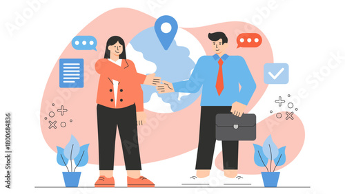 Business People Expanding Business to New Country Flat Vector Illustration