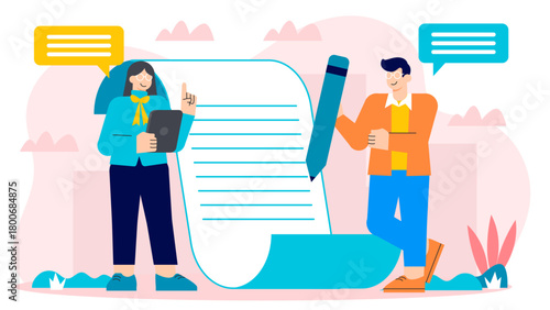 Business People Writing Company Newsletter Flat Vector Illustration