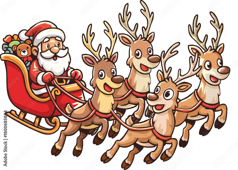 Fototapeta premium A cheerful Santa rides his classic red sleigh, led by four happy reindeer soaring through the sky. Filled with gifts and festive joy, this adorable Christmas illustration captures the magic, warmth