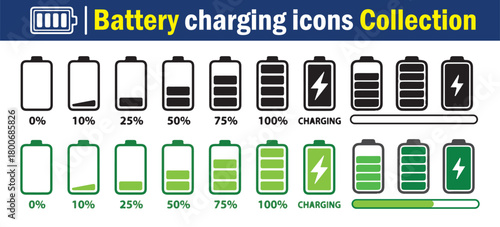 Battery Charging Icons Collection.  Battery charge indicator. Battery level, energy full vector template