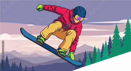 A colorful vector illustration of a snowboarder in a red jacket jumping over snowy mountains. The winter sport scene features pine trees and a dynamic pose.