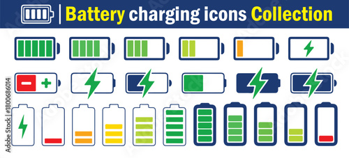 Battery Charging Icons Collection. Battery line icon set. Battery charge indicator. Battery level, energy full vector illustration
