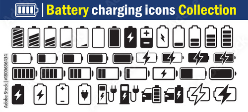Battery charging icons collection, power charge symbols, energy level indicators