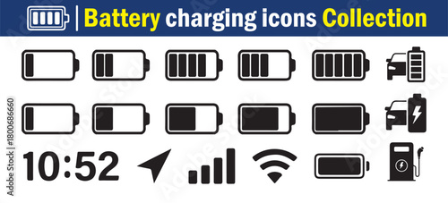 Battery Charging Icons Collection. battery charging symbol, battery charge level vector illustration 