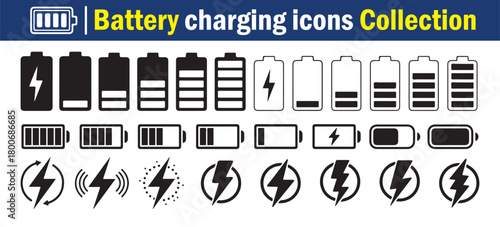 Battery charging icons collection, power energy symbols, electric charge indicators