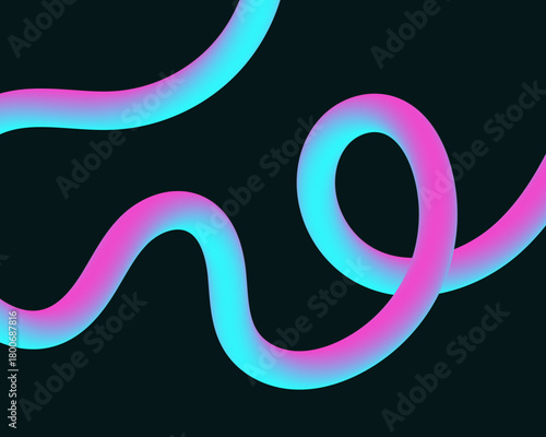 3D Neon Fluid Gradient Line on Dark Background : fluid line blending cyan and pink gradients, twisting in smooth curves loops, and curves across. abstract background