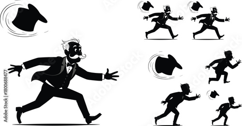 Silhouette, man, chasing, flying, hat, vintage, comic, motion, humor, running, character, sequence, illustration, dynamic, urgency, mustache, bowtie, suit, retro, exaggerated