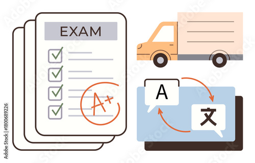 Exam sheet with A grade, tick marks, language translation screen with arrows, and delivery truck. Ideal for education, goals, achievement, logistics communication multilingualism workflow. Simple