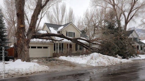 Fallen tree branch over a house in winter.