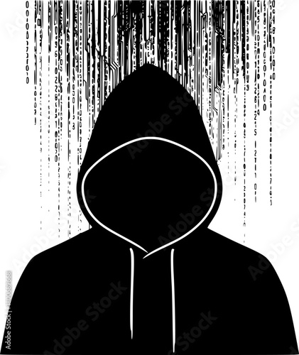 A shadowy figure in a hoodie, outlined against a black, digitally-inspired background that resembles cascading code or data.
