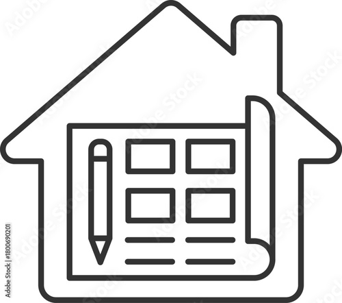House Blueprint Icon – Architecture and Home Design Line Art Vector