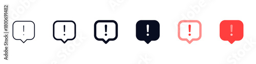 Notification, Alert message bubble icon set | exclamation mark inside speech bubble in outline and filled styles, perfect for warnings, notifications, and attention prompts in UI design.