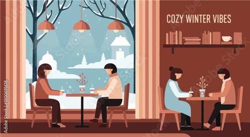 Two couples are seated at tables near a large window, enjoying hot drinks and conversation. The interior features soft lighting, warm wooden tones, and a "Cozy Winter Vibes" sign, capturing a relaxing
