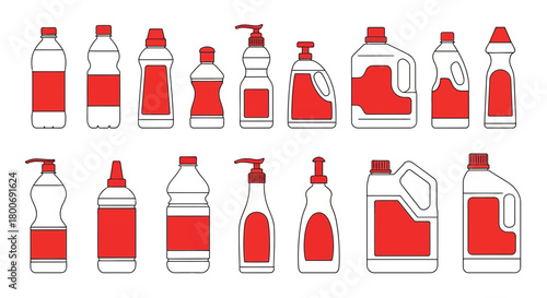 Illustration of various plastic bottles and containers with red labels, showcasing different shapes and sizes, arranged in two rows.