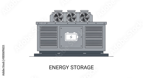 Illustration of a large energy storage unit with fans and a battery icon, representing power and renewable energy solutions.
