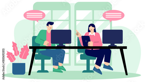 Business People Working in Open Office Flat Vector Illustration