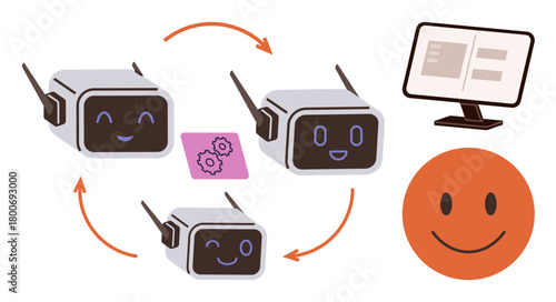 Friendly robots communicate through circular flow with computer interface and happy face. Ideal for automation, networking, teamwork, artificial intelligence, collaboration, communication, robotics