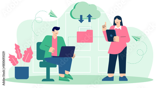 Flat Design Paperless Business Workflow Flat Vector Illustration