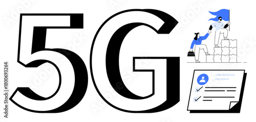 5G large typography with symbols of collaboration, innovation, and progress. Includes teamwork illustration, checklist for tasks, and upward steps. Ideal for business, leadership, technology