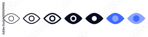 Eye view icon set , Visibility icons with eye symbol featuring clean outline and filled with a centered pupil, for data security, isibility toggles, preview features, watch modes, ui interfaces