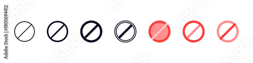 Prohibited sign Block icon set , circle with a diagonal line through it, in outline and solid styles, perfect for for restriction and cancellation interfaces, blocked actions, and warning interfaces.