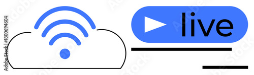 Cloud with wireless waves and play button next to live text, representing real-time online streaming. Ideal for media, broadcasting, streaming, technology, cloud services, connectivity