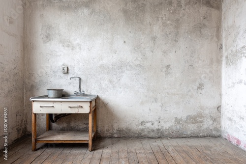Dilapidated room interior features antique washstand with metal basin against textured wall