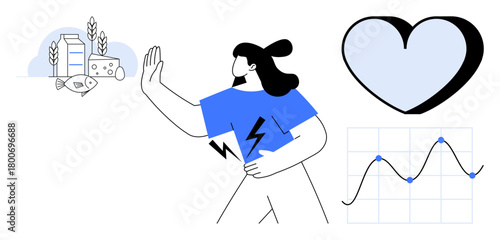 Woman refusing allergenic foods with hand gesture, heart symbolizing care, and chart tracking health metrics. Ideal for health, wellness, allergy awareness, nutrition, medical research, self-care