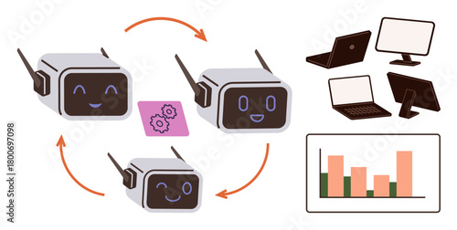 Robots exchanging data in a loop, gear icon symbolizing tasks, tech devices thumbs up laptops and monitors, and a bar chart. Ideal for automation, AI, collaboration, teamwork, tech innovation data