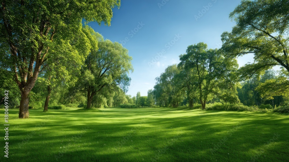 Fototapeta premium Wide shot of a lush, green meadow bathed in sunlight. Towering trees frame the grassy expanse, under a bright, clear, blue sky