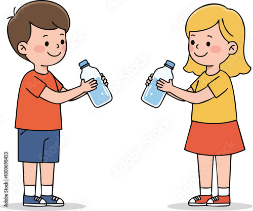 Two happy children, a boy and a girl, exchanging plastic water bottles in a colorful, cartoon-style illustration with a clean white background and a friendly mood.