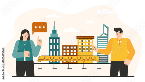 Business People Discussing Smart City Development Flat Vector Illustration