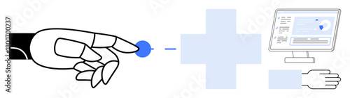Robotic hand touching point, medical cross, and computer screen with medical data. Ideal for AI, healthcare, technology, innovation, automation telemedicine and robotics. Simple flat metaphor