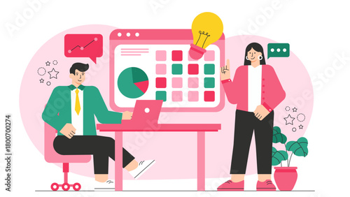 Flat Design Business People Planning Annual Strategy Flat Vector Illustration