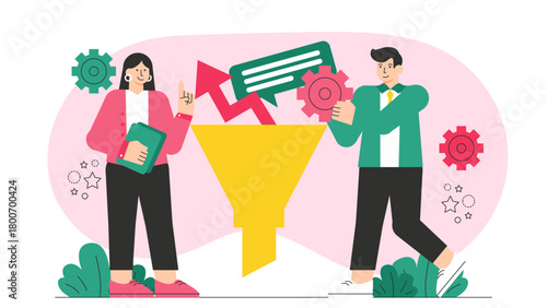 Flat Design Business People Reviewing Sales Funnel Flat Vector Illustration