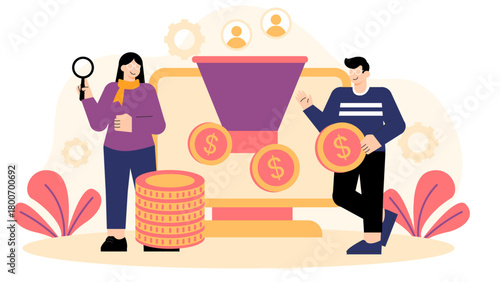 Business People Reviewing Sales Funnel Flat Vector Illustration