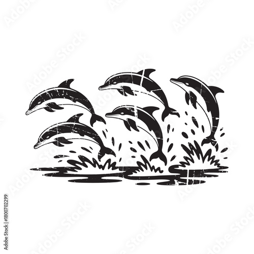 Dynamic black and white illustration of dolphins leaping from water